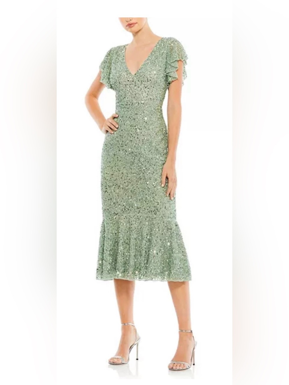 Mac Duggal 10801- Sequined V Neck Flutter Cap Sleeve Trumpet Dress